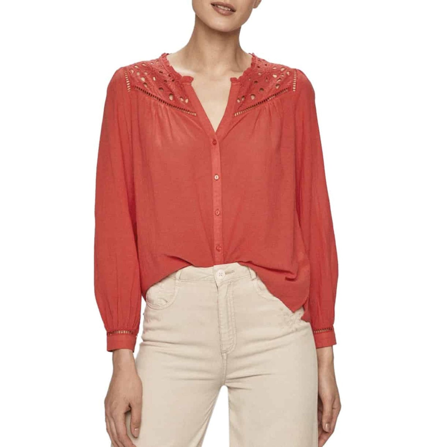 Pepe Jeans Cotton-Viscose V-Neck Long-Sleeve Shirt