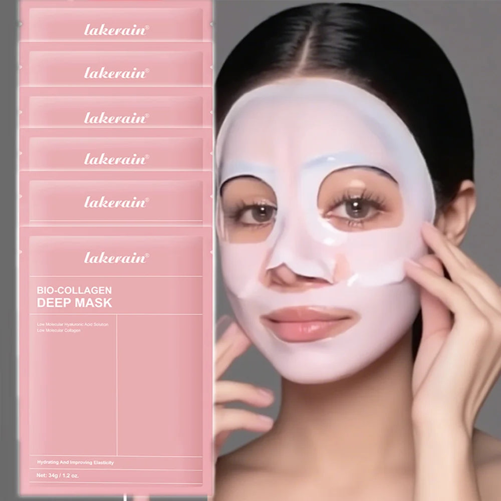 Woman wearing a face mask with Lakerain packaging on the side.
